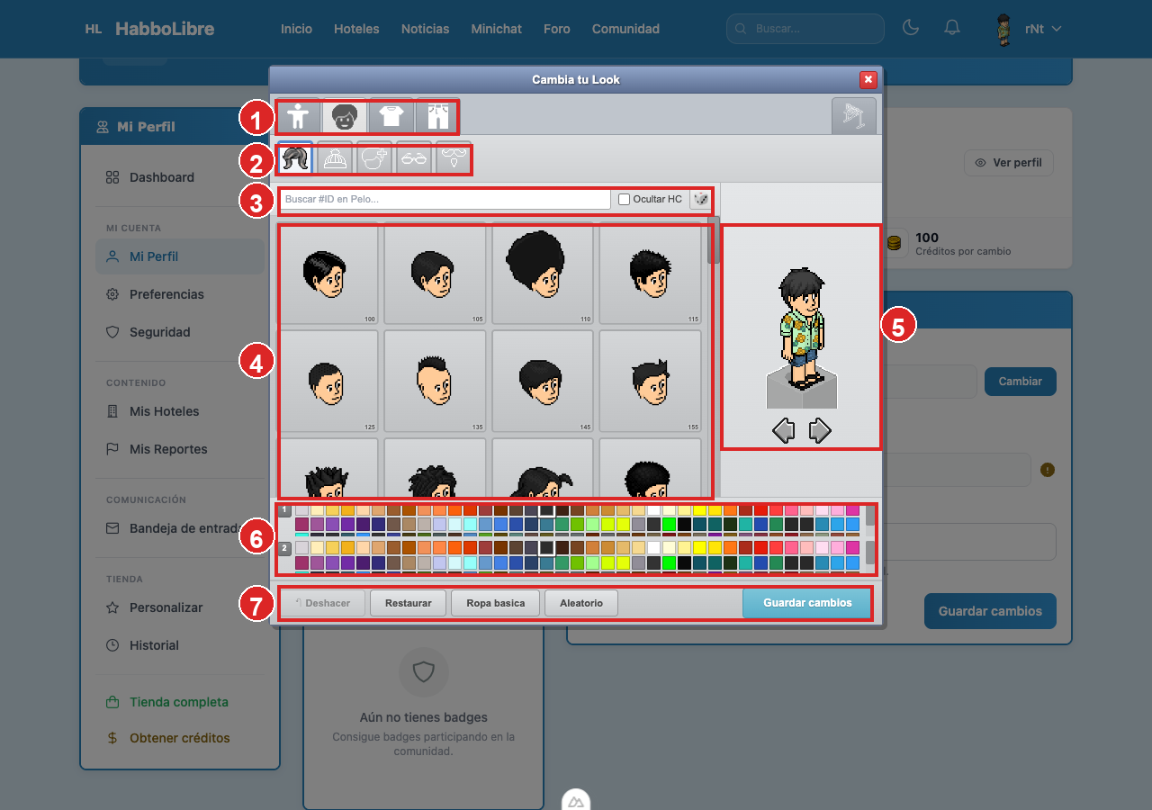 Editor de avatar con sus 7 zonas numeradas