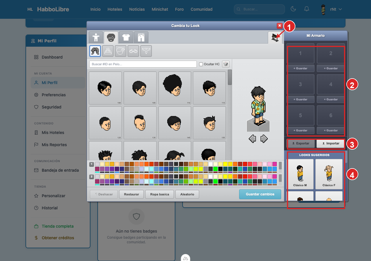 Panel Mi Armario abierto con slots, exportar/importar y looks sugeridos