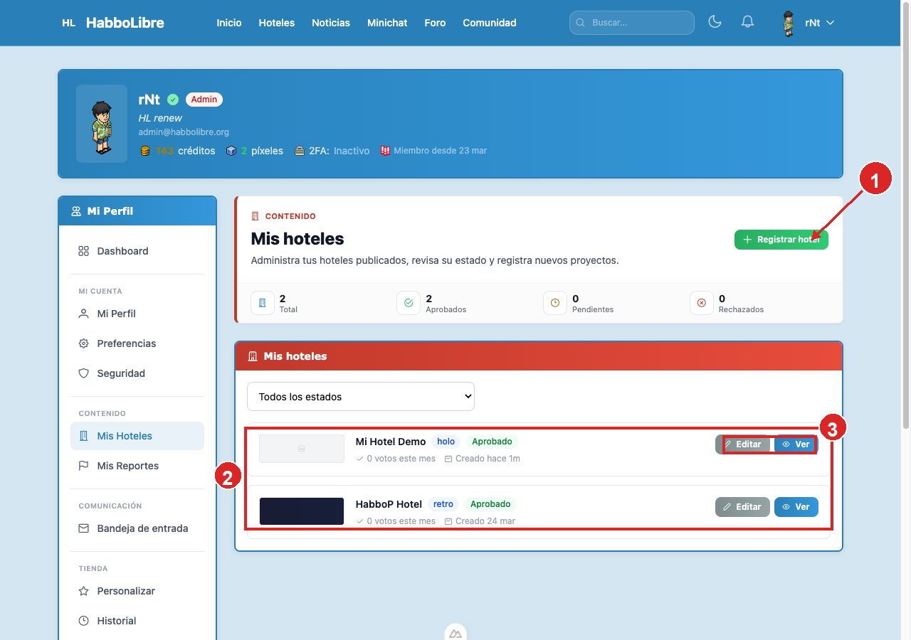 Pantalla Mis Hoteles con el botón Registrar hotel resaltado