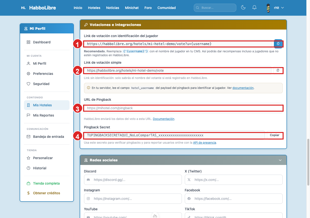 Sección de Votaciones e integraciones con links de votación y pingback secret